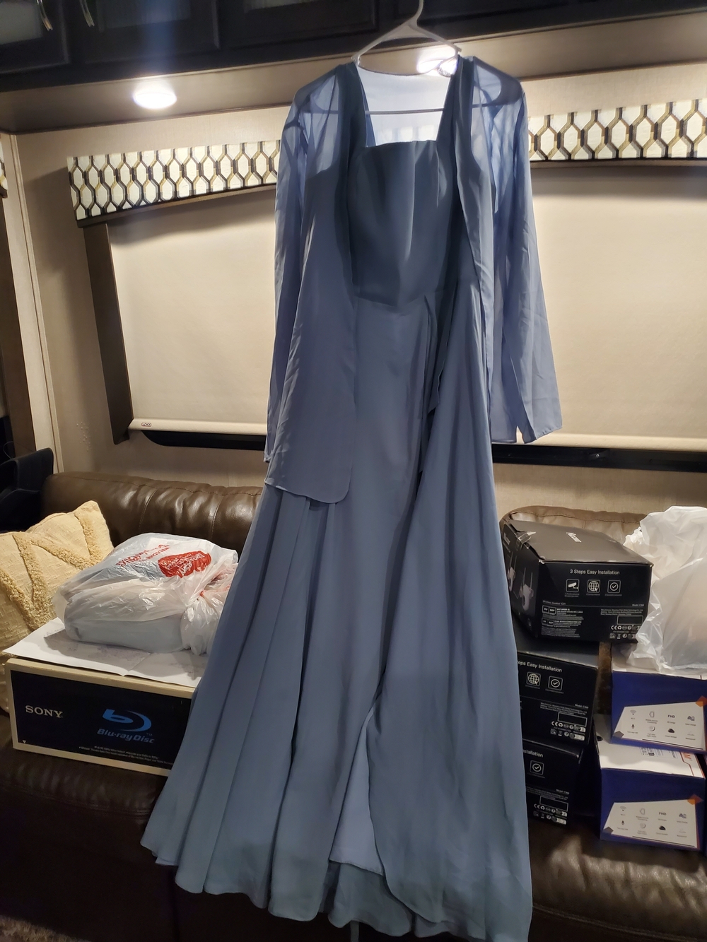 Elegant Steel Blue Evening Dress with Sheer Jacket